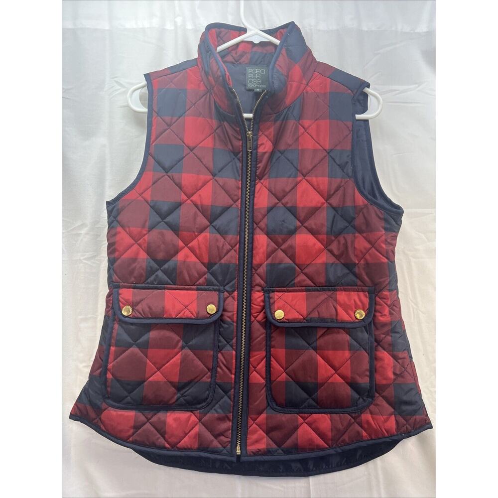 PARAPHRASE Womens M Plaid Quilted Vest Red Navy Blue Buffalo Outdoor Preppy